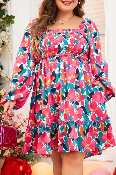 Plus Size Smocked Floral Square Neck Balloon Sleeve Dress - Pahabu - Women's Clothing & Shop