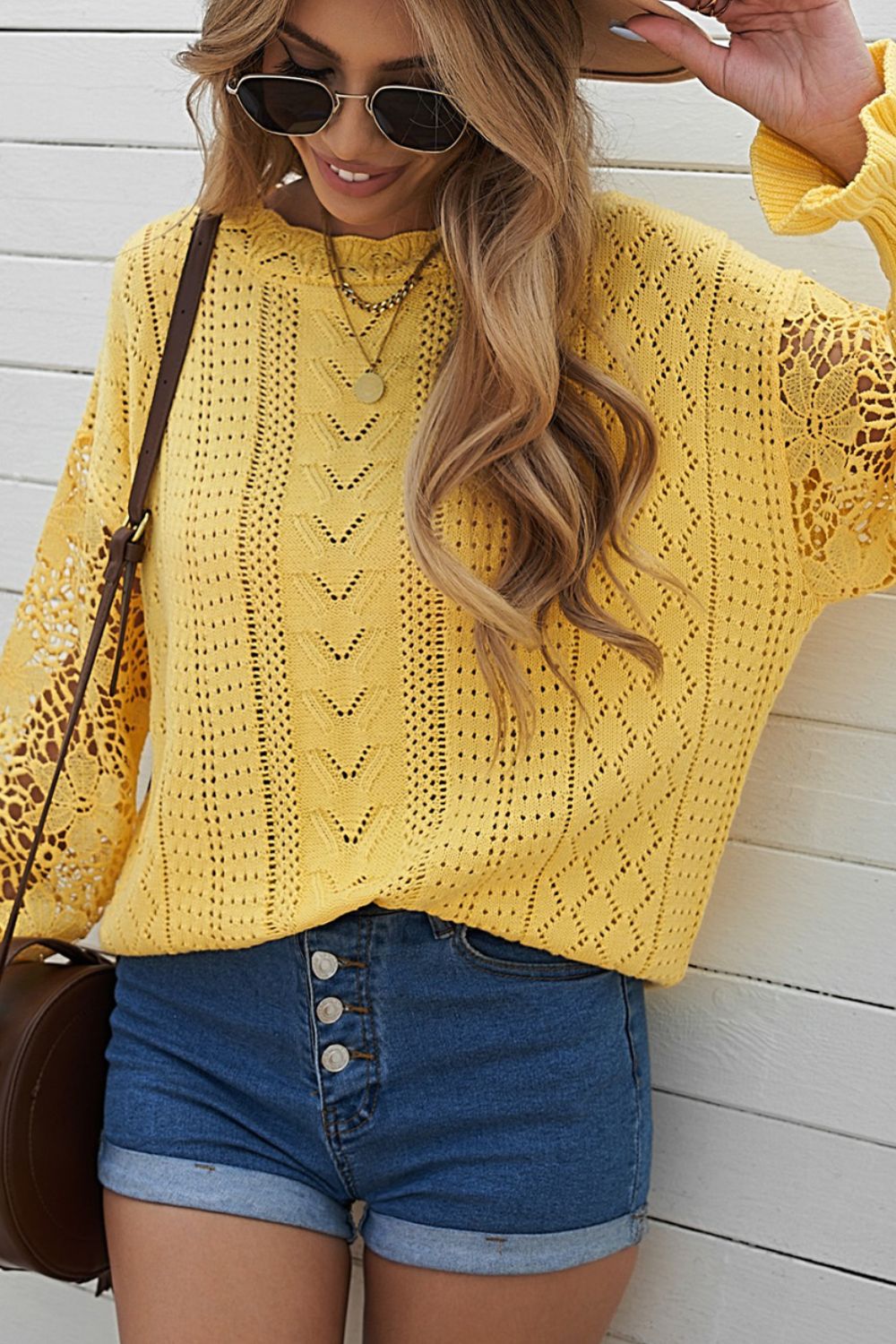 Openwork Round Neck Long Sleeve Sweater - Pahabu - Women's Clothing & Shop