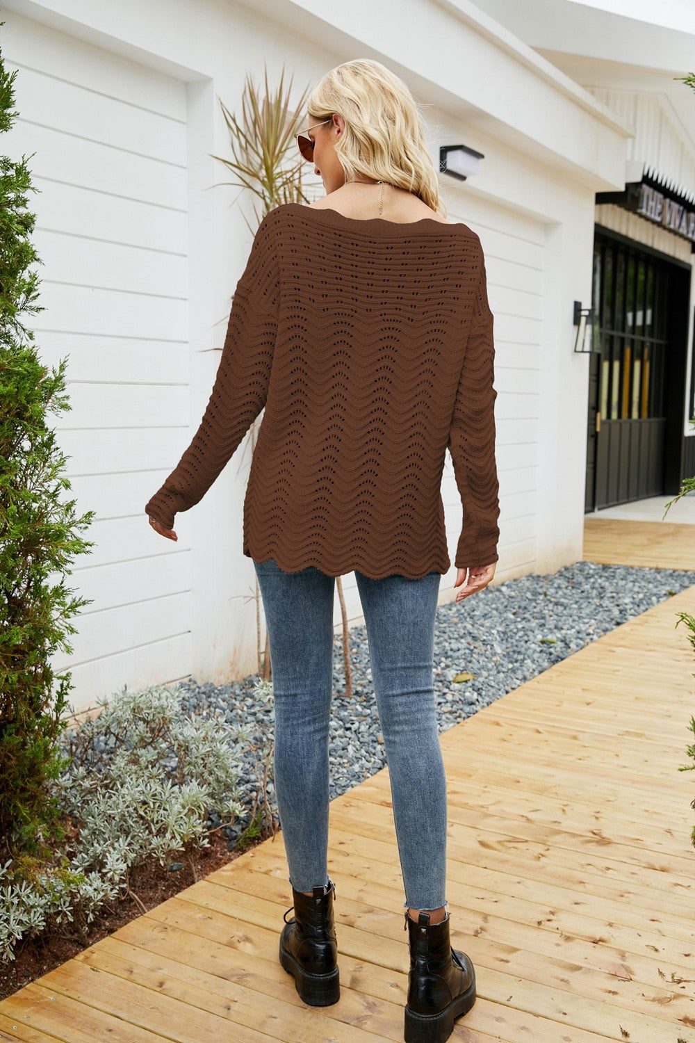 Woven Right Scalloped Boat Neck Openwork Tunic Sweater - Pahabu - Women's Clothing & Shop