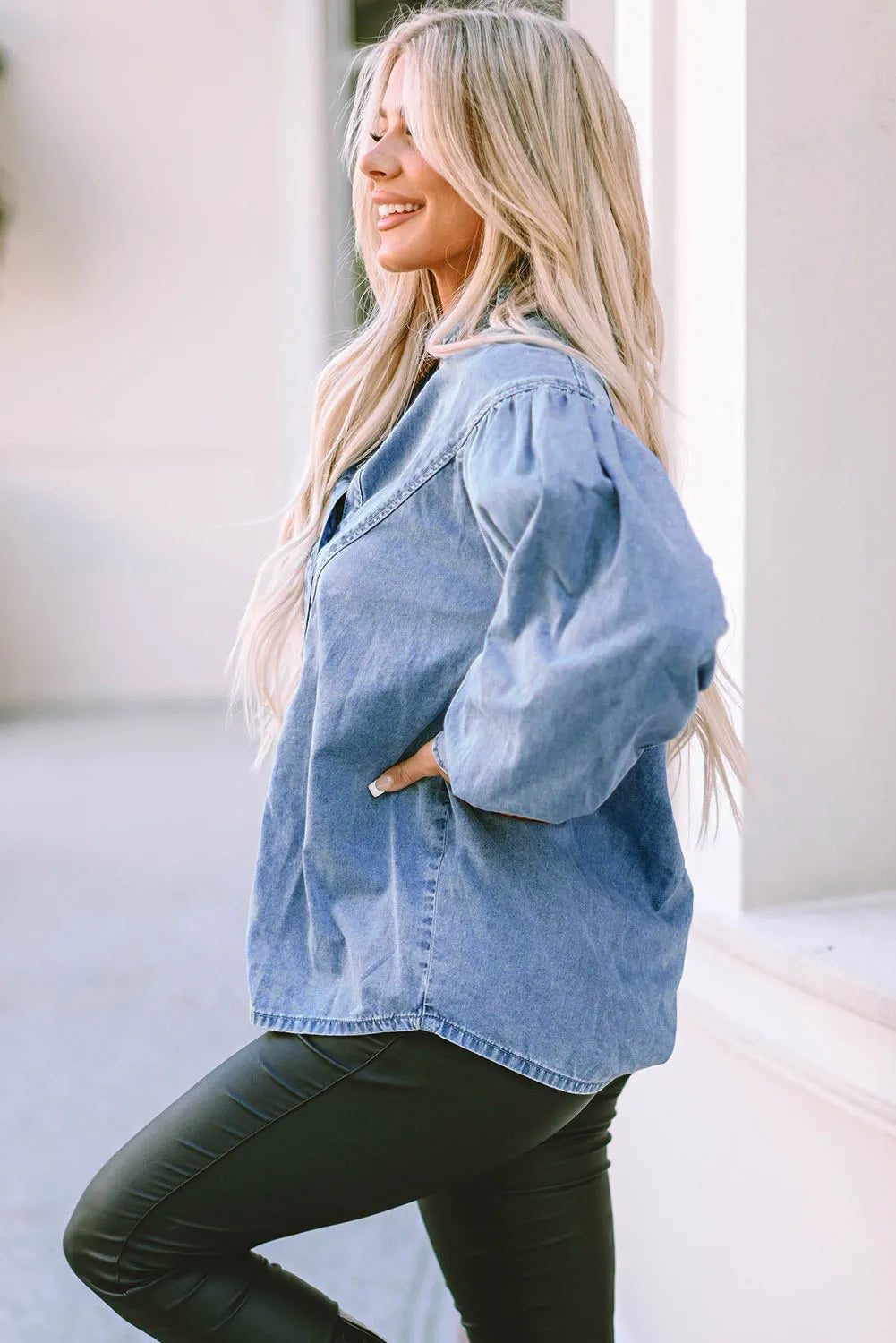 Collared Neck Lantern Sleeve Denim Top - Pahabu - Women's Clothing & Shop