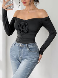 Perfee Ruched Flower Off-Shoulder Long Sleeve Bodysuit - Pahabu - Women's Clothing & Shop