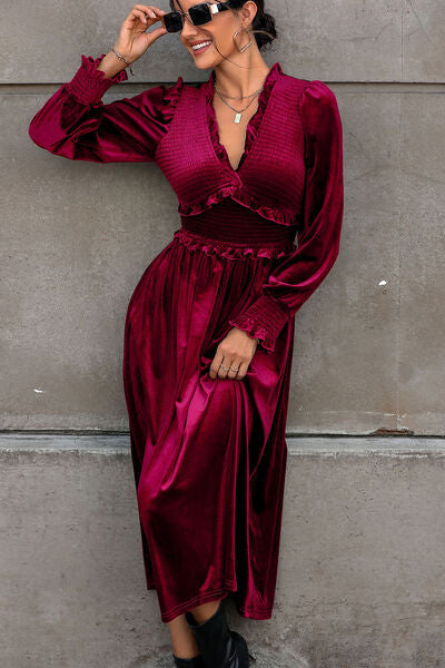 Perfee Smocked Lantern Sleeve Midi Dress - Pahabu - Women's Clothing & Shop