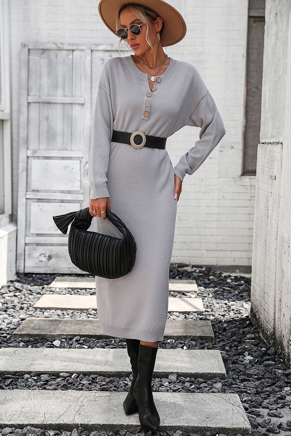 Notched Neck Dropped Shoulder Button-Down Midi Dress - Pahabu - Women's Clothing & Shop