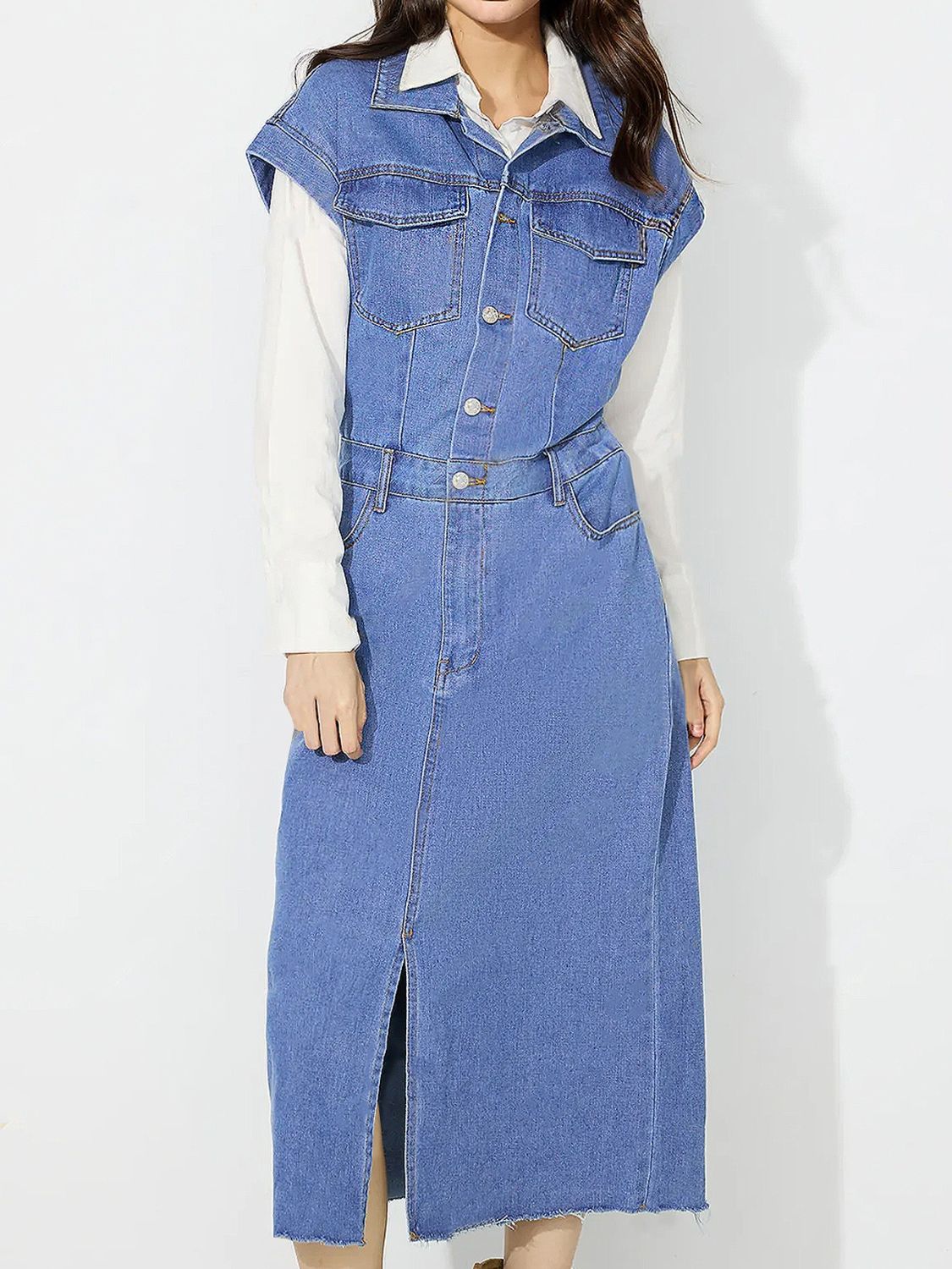Slit Half Button Collared Neck Cap Sleeve Denim Dress - Pahabu - Women's Clothing & Shop