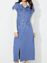 Slit Half Button Collared Neck Cap Sleeve Denim Dress - Pahabu - Women's Clothing & Shop