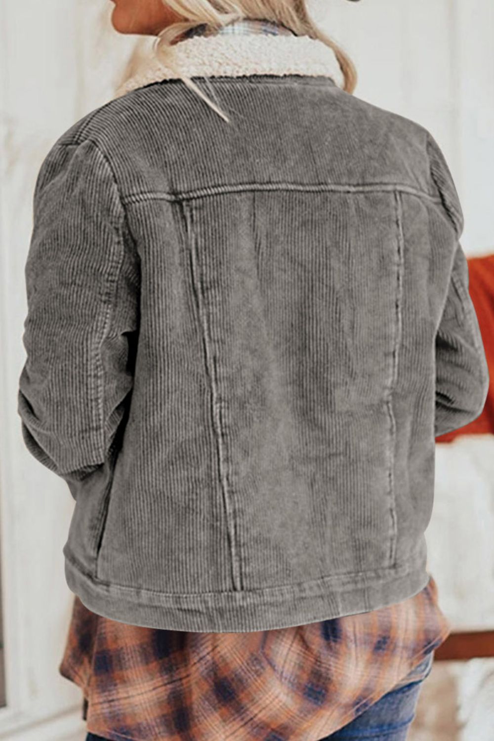 Corduroy Collared Neck Snap Down Jacket - Pahabu - Women's Clothing & Shop
