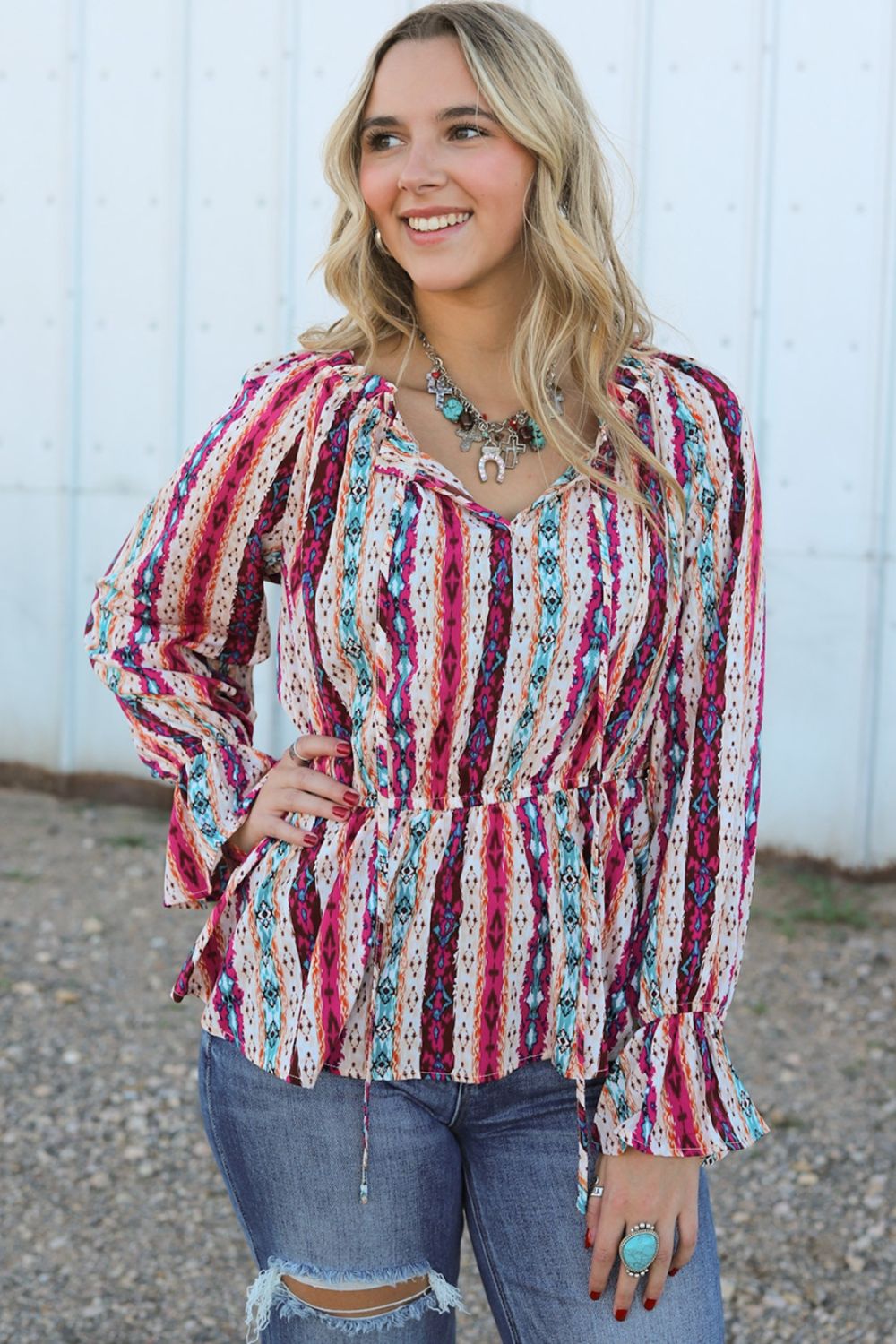 Multicolour Western Print Split Neck Peplum Blouse - Pahabu - Women's Clothing & Shop