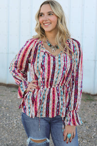 Multicolour Western Print Split Neck Peplum Blouse - Pahabu - Women's Clothing & Shop