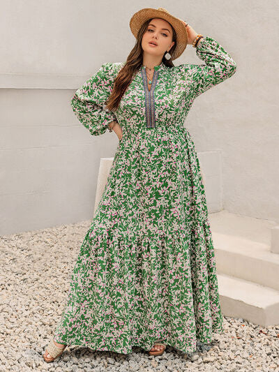 Plus Size Printed Notched Long Sleeve Maxi Dress - Pahabu - Women's Clothing & Shop