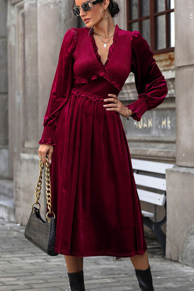 Perfee Smocked Lantern Sleeve Midi Dress - Pahabu - Women's Clothing & Shop