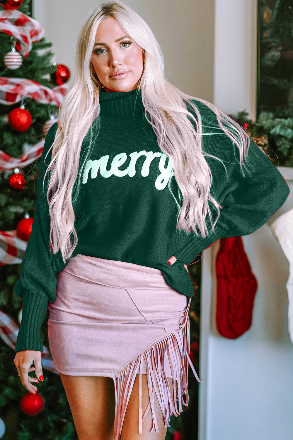 Double Take Full Size Merry Christmas Turtleneck Long Sleeve Sweater - Pahabu - Women's Clothing & Shop