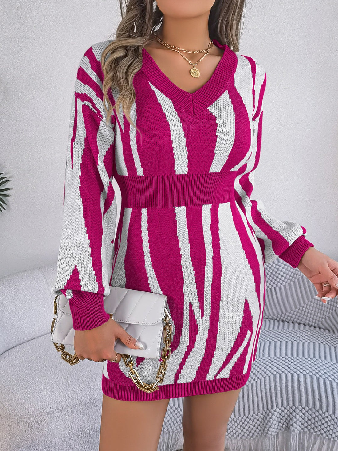 Animal Print V-Neck Long Sleeve Sweater Dress - Pahabu - Women's Clothing & Shop