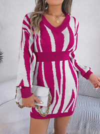 Animal Print V-Neck Long Sleeve Sweater Dress - Pahabu - Women's Clothing & Shop