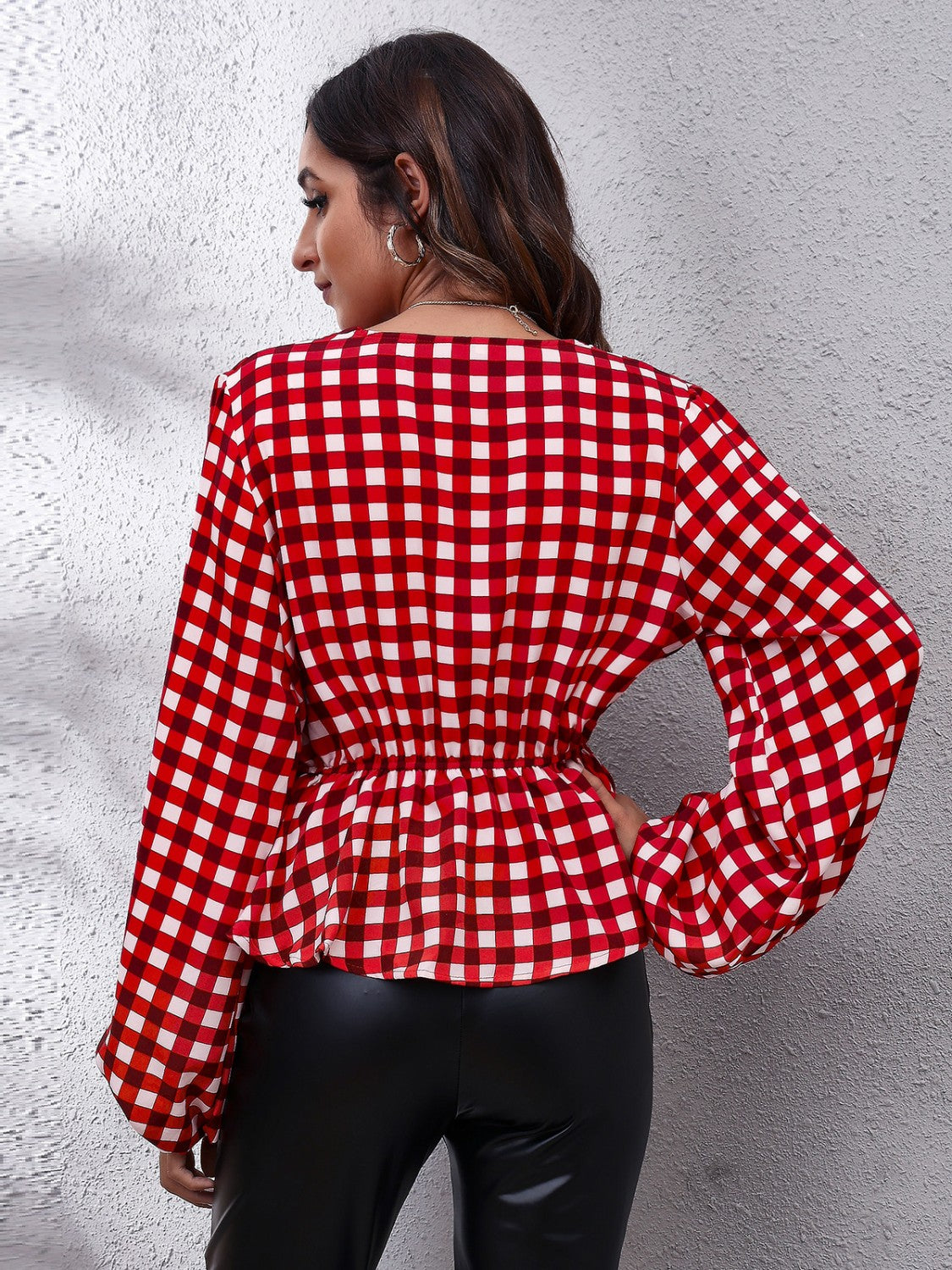 Plaid V-Neck Balloon Sleeve Peplum Blouse - Pahabu - Women's Clothing & Shop