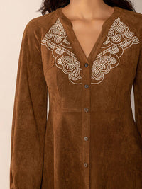Notched Button Down Long Sleeve Mini Dress - Pahabu - Women's Clothing & Shop