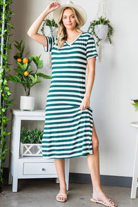 Striped V-Neck Short Sleeve Side Slit Dress - Pahabu - Women's Clothing & Shop