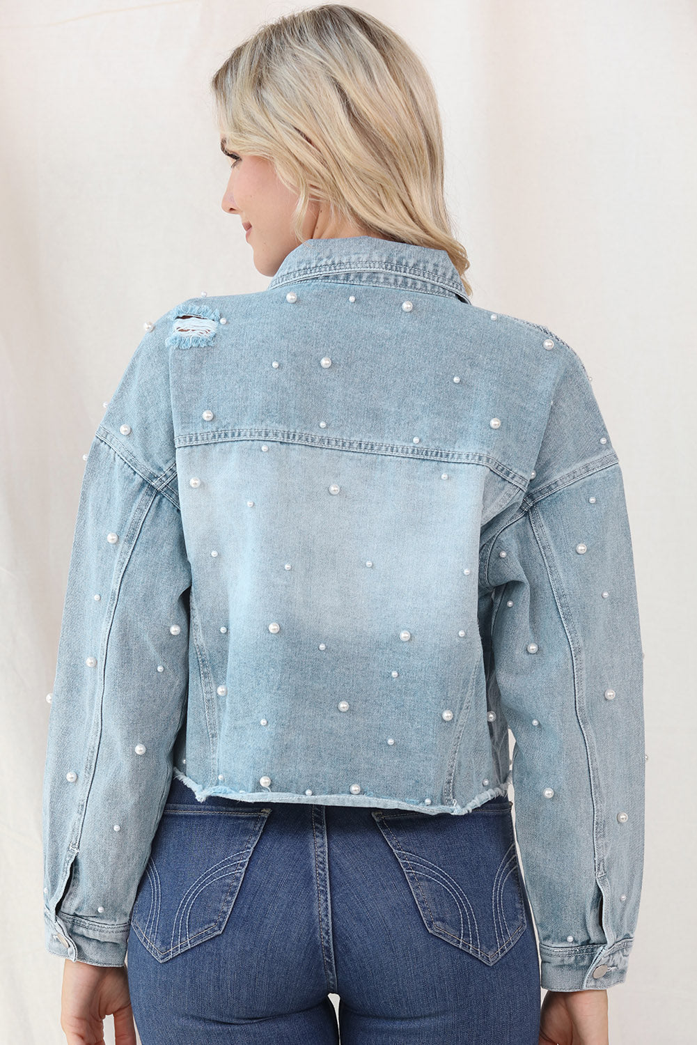 Distressed Pearl Trim Button Up Denim Jacket - Pahabu - Women's Clothing & Shop