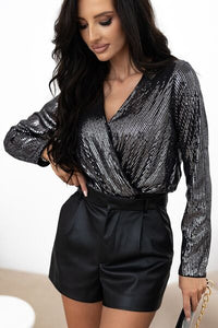 Sequin Surplice Long Sleeve Bodysuit - Pahabu - Women's Clothing & Shop