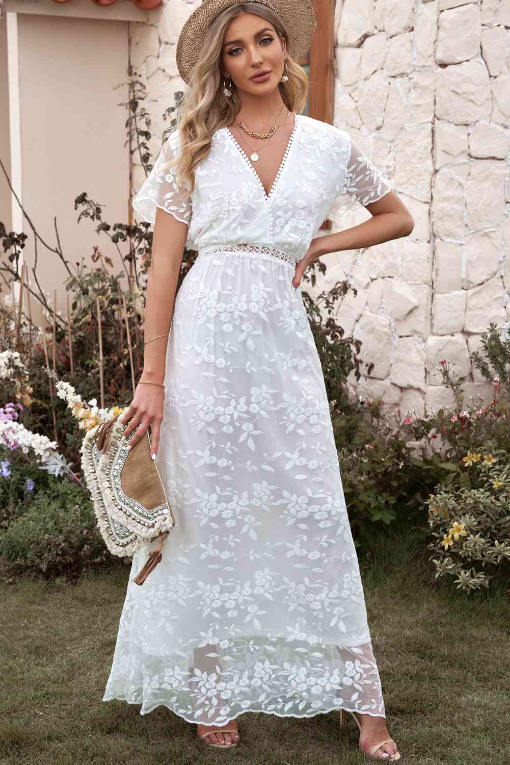 Embroidered Short Sleeve Surplice Neck Maxi Dress - Pahabu - Women's Clothing & Shop