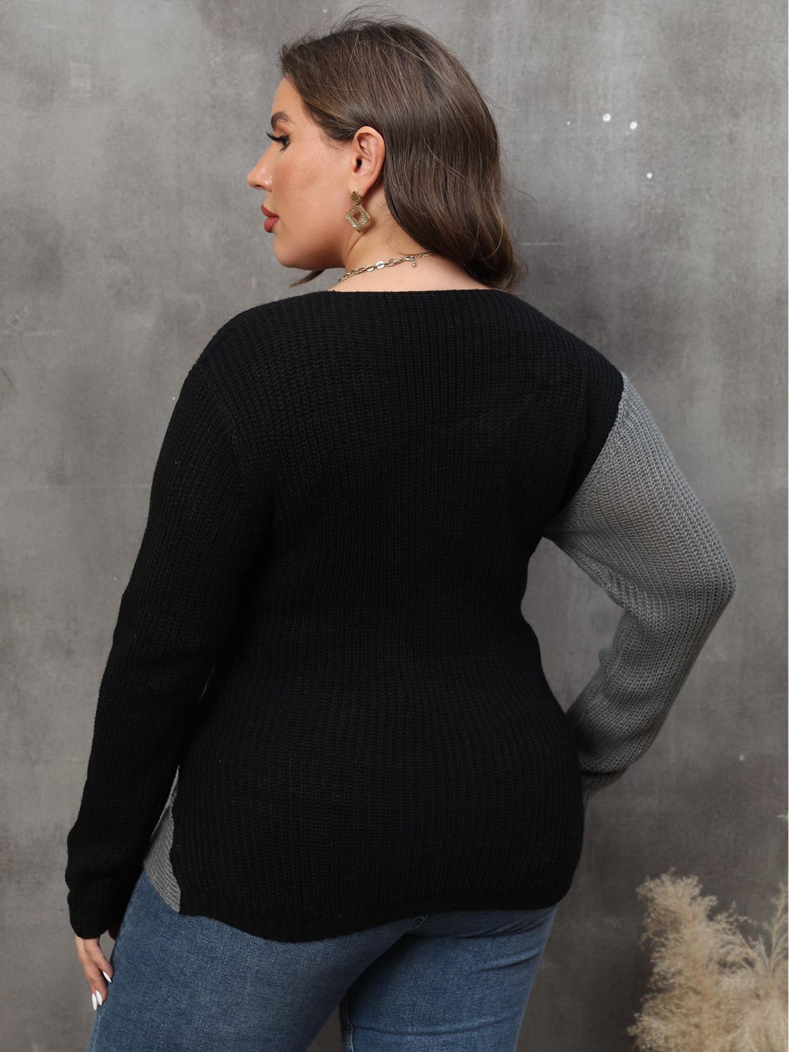 Plus Size Two-Tone Surplice Neck Sweater - Pahabu - Women's Clothing & Shop