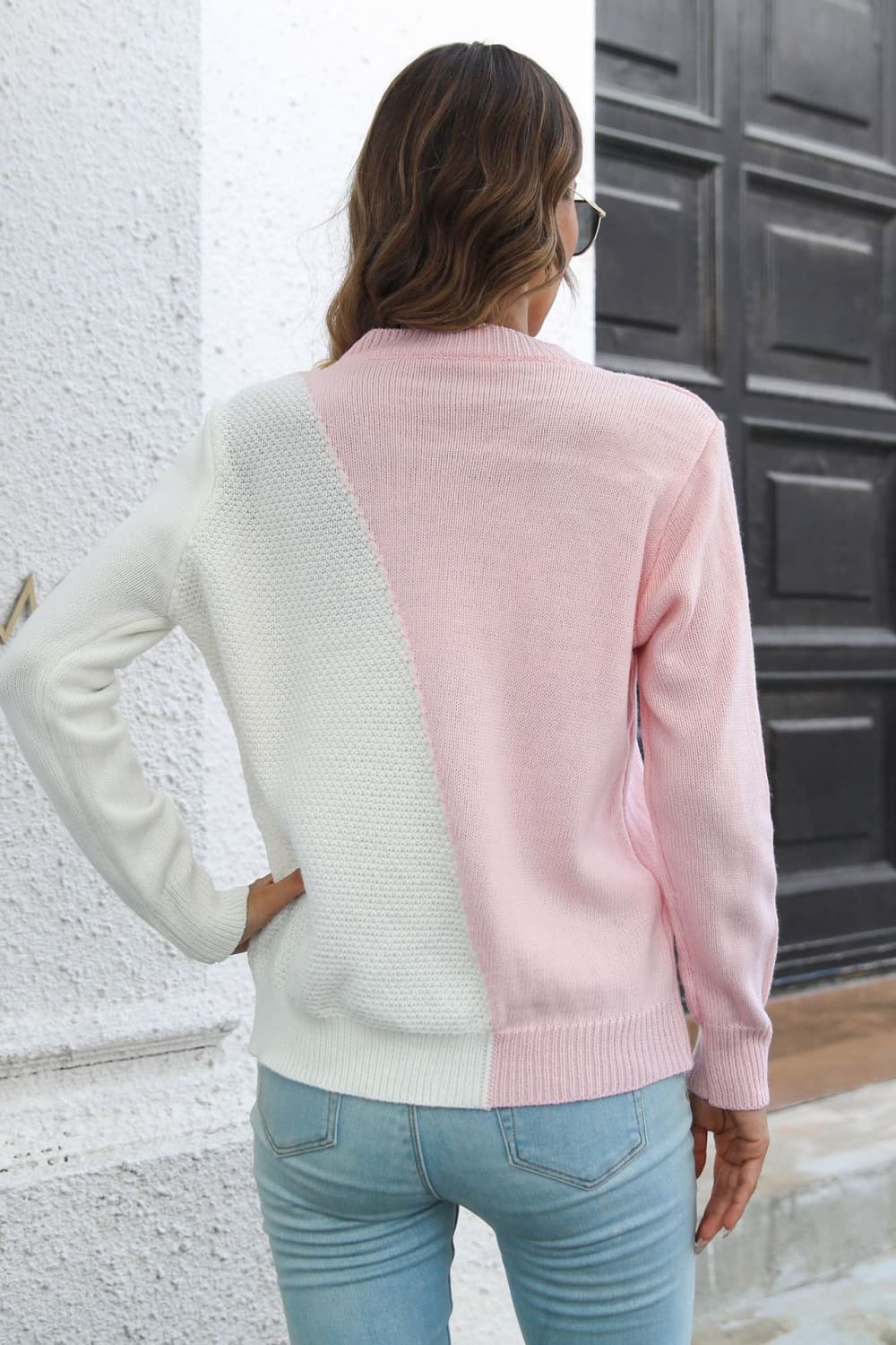 Contrast Color Round Neck Long Sleeve Sweater - Pahabu - Women's Clothing & Shop