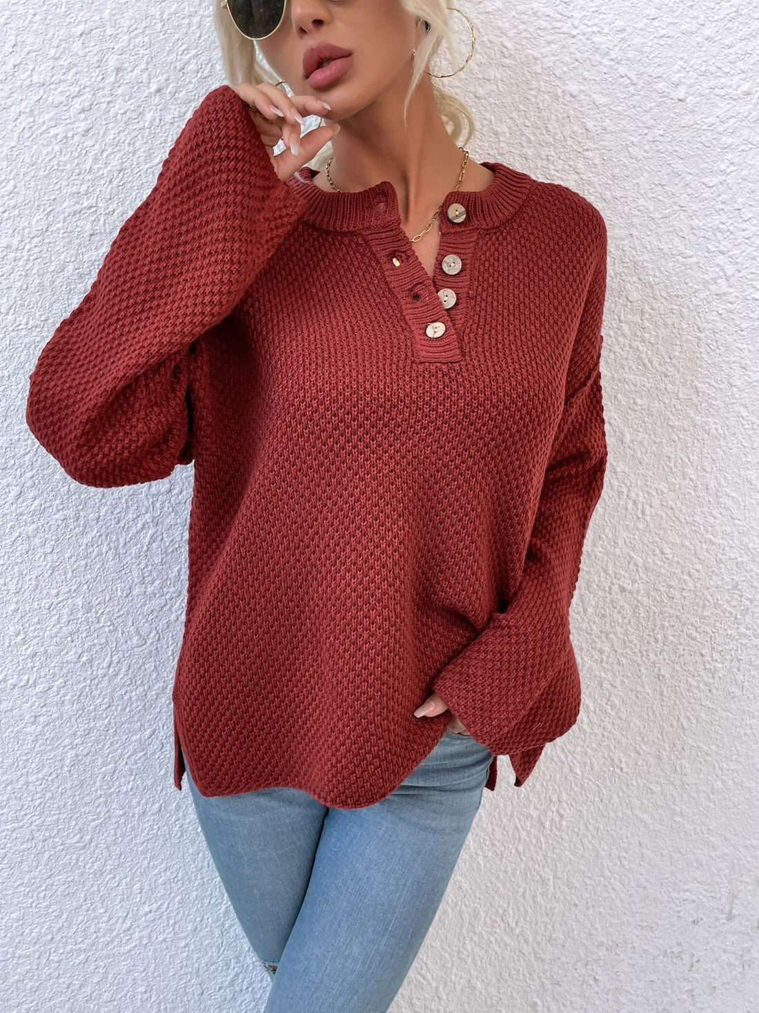 Quarter-Button Slit Sweater - Pahabu - Women's Clothing & Shop
