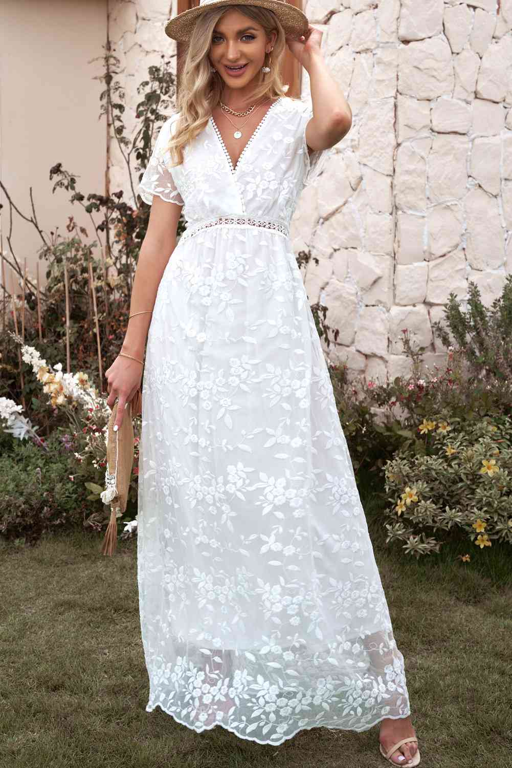 Embroidered Short Sleeve Surplice Neck Maxi Dress - Pahabu - Women's Clothing & Shop