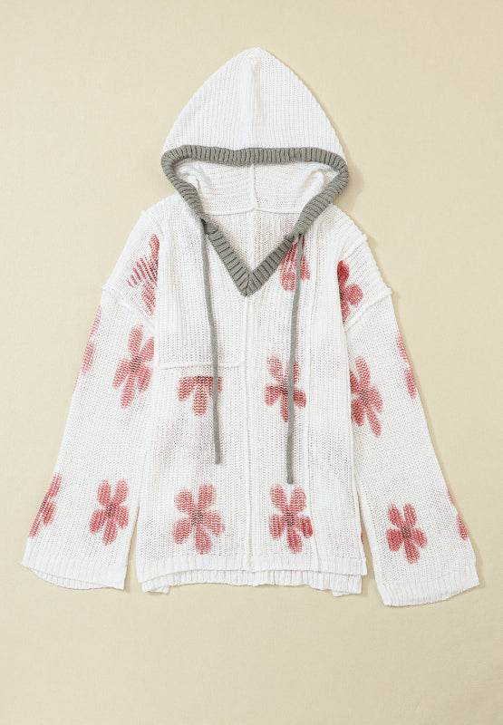 Drawstring Flower Hooded Knit Top - Pahabu - Women's Clothing & Shop