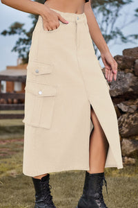 Slit Front Midi Denim Skirt with Pockets - Pahabu - Women's Clothing & Shop