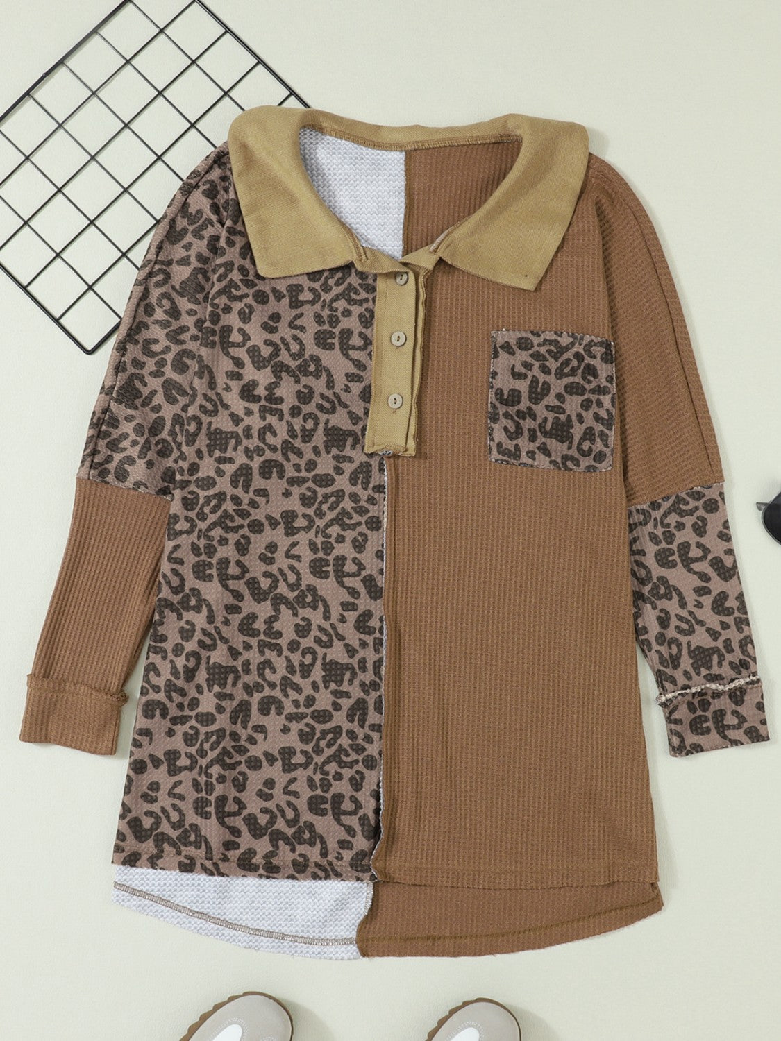 Half Button Leopard Collared Neck Blouse - Pahabu - Women's Clothing & Shop