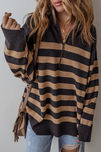 Striped Half Zip Long Sleeve Knit Top - Pahabu - Women's Clothing & Shop