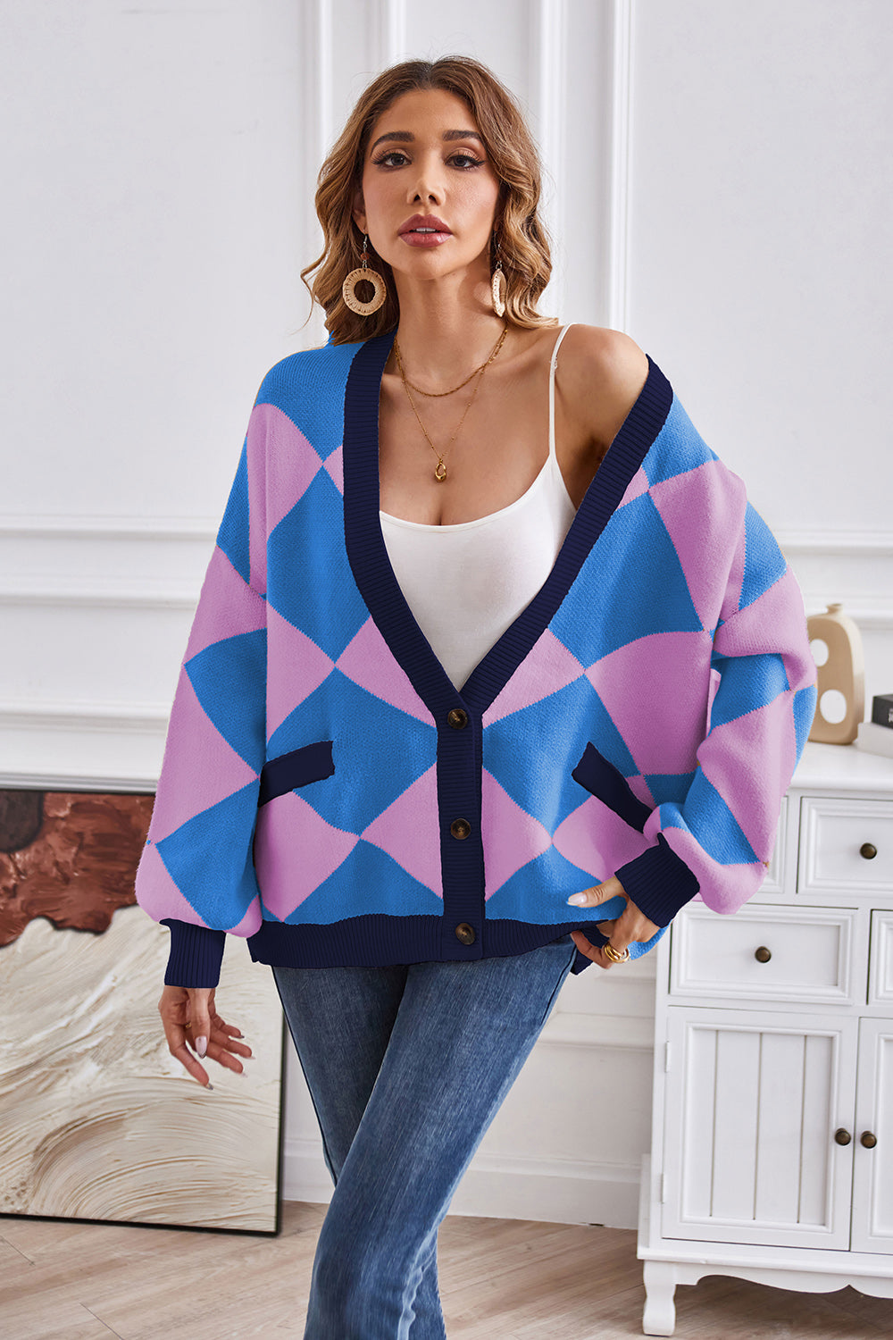 Geometric Lantern Sleeve Cardigan with Pockets - Pahabu - Women's Clothing & Shop