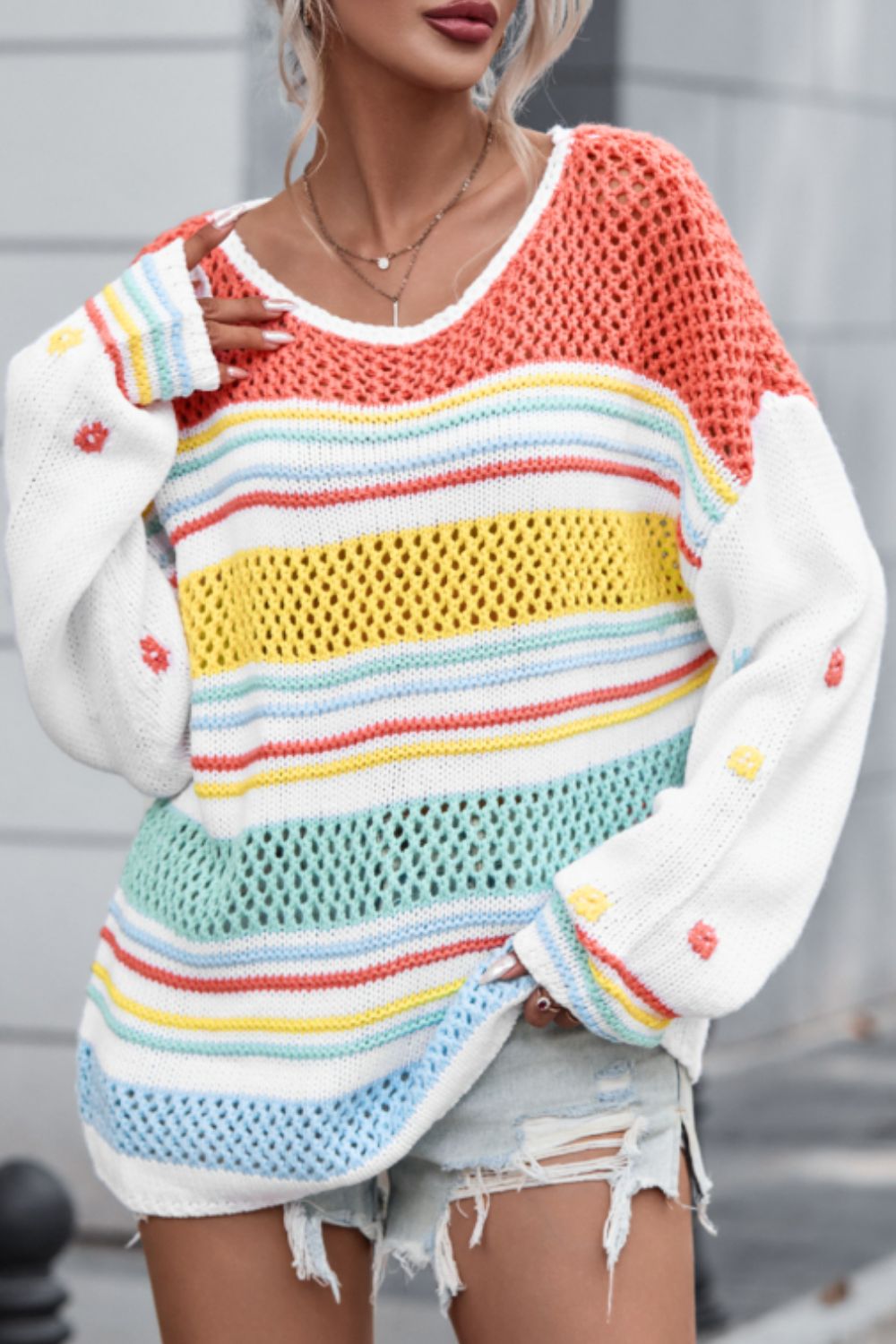 Hollow Striped Color Block Round Neck Sweater - Pahabu - Women's Clothing & Shop