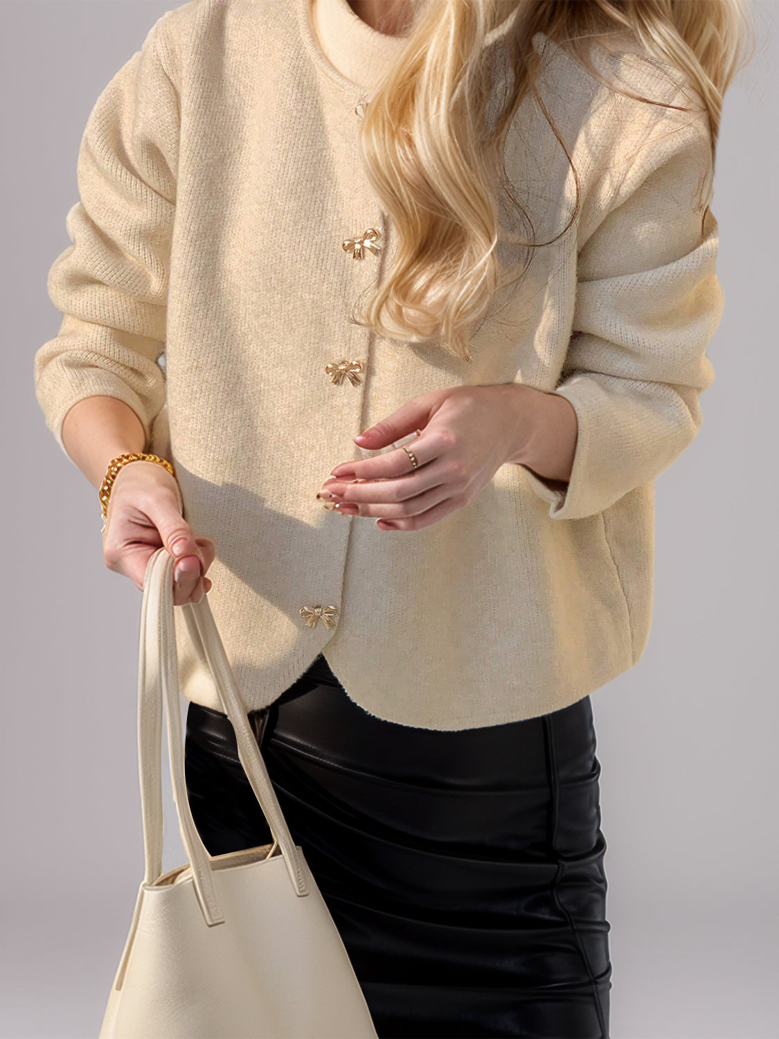 Bow Button Down Round Neck Long Sleeve Cardigan - Pahabu - Women's Clothing & Shop