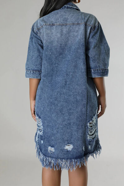 Distressed Raw Hem Button Up Denim Dress - Pahabu - Women's Clothing & Shop