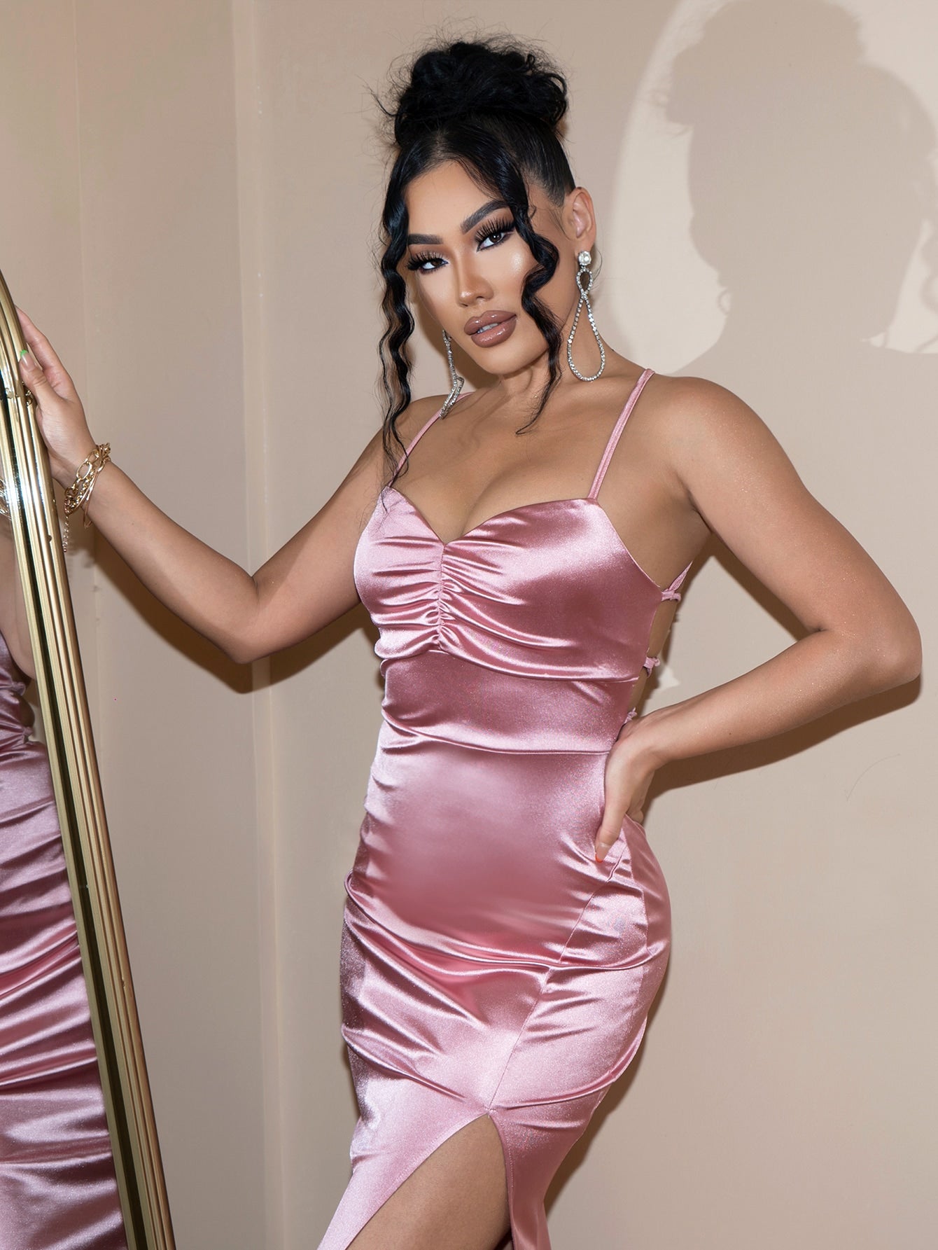 Backless Crisscross Ruched Split Satin Dress - Pahabu - Women's Clothing & Shop
