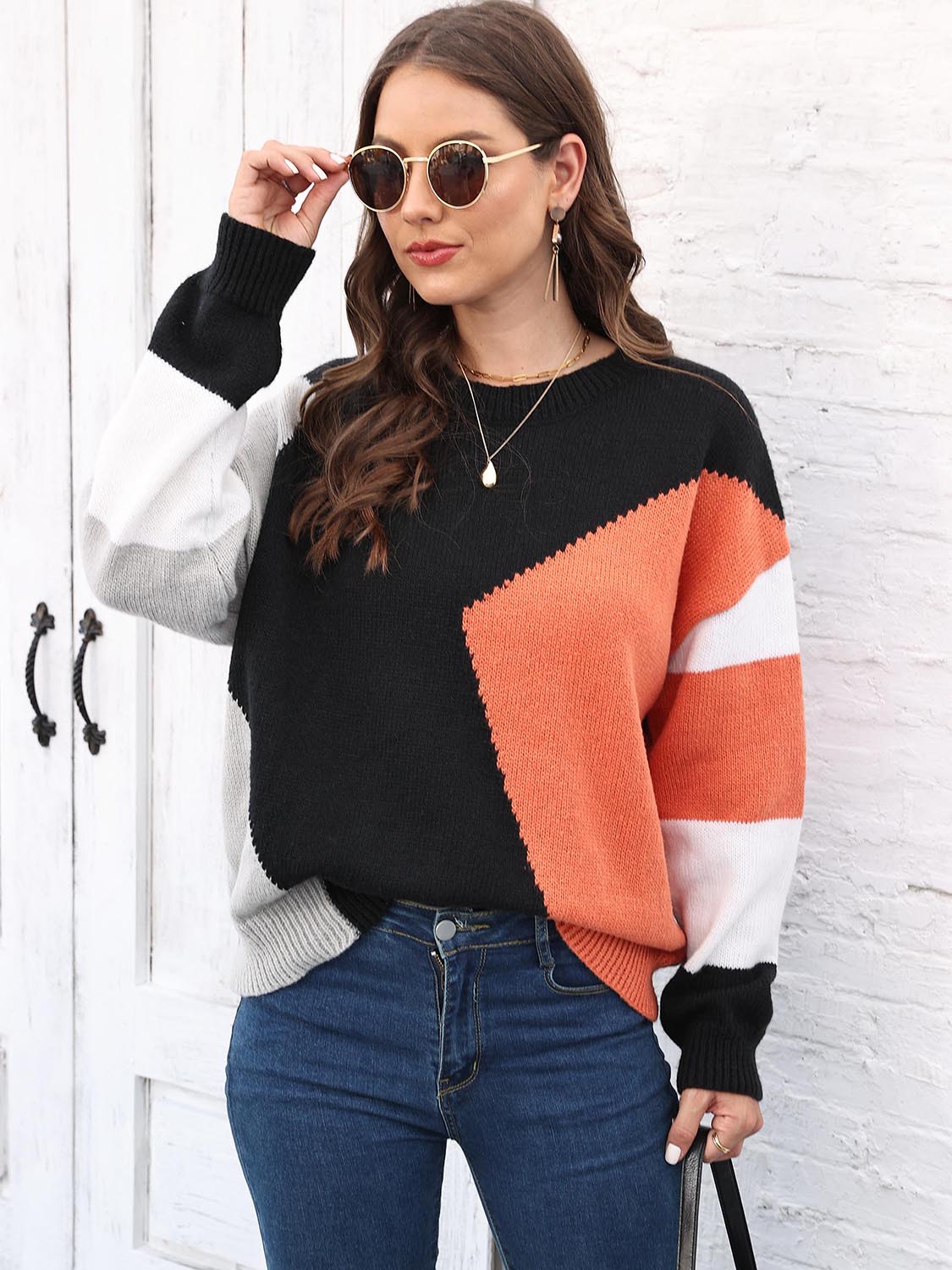 Color Block Round Neck Sweater - Pahabu - Women's Clothing & Shop