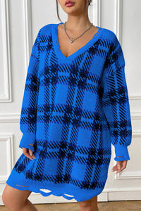 Plaid V-Neck Long Sleeve Sweater Dress - Pahabu - Women's Clothing & Shop