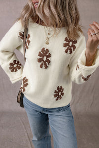 Flower Round Neck Long Sleeve Sweater - Pahabu - Women's Clothing & Shop
