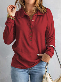Collared Neck Half Button Top - Pahabu - Women's Clothing & Shop