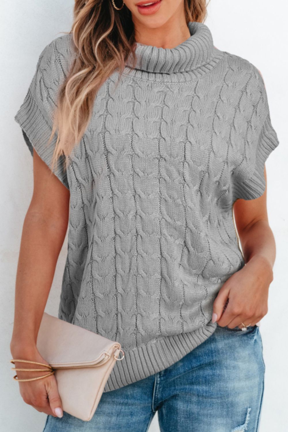 Cable Knit Turtleneck Short Sleeve Sweater - Pahabu - Women's Clothing & Shop