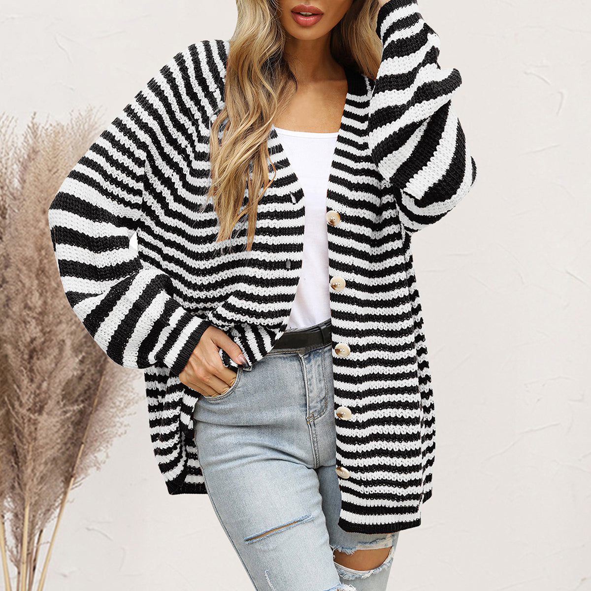 Striped Button Down Long Sleeve Cardigan - Pahabu - Women's Clothing & Shop