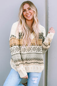 Geometric V-Neck Dropped Shoulder Sweater - Pahabu - Women's Clothing & Shop