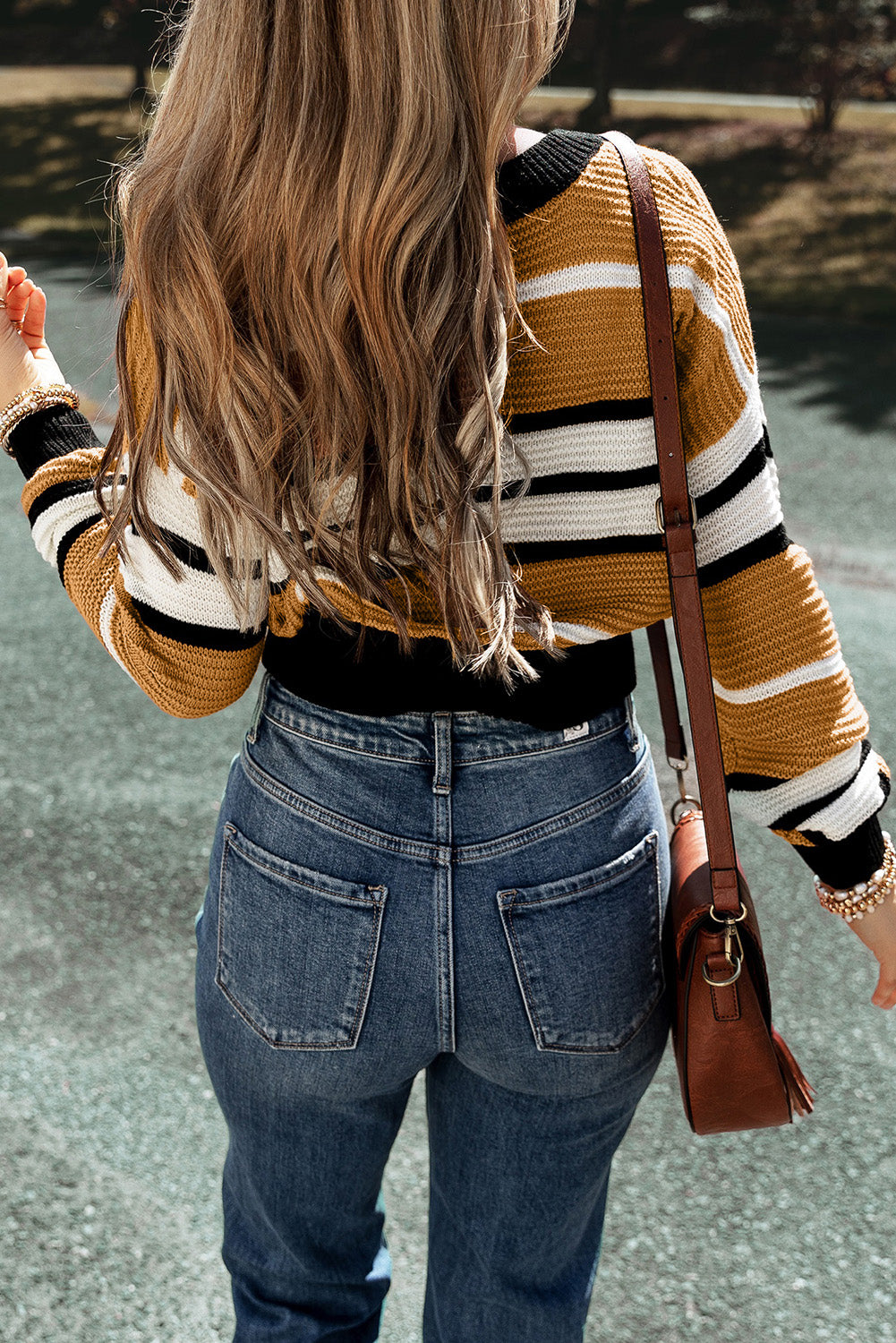 Striped V-Neck Dropped Shoulder Sweater - Pahabu - Women's Clothing & Shop