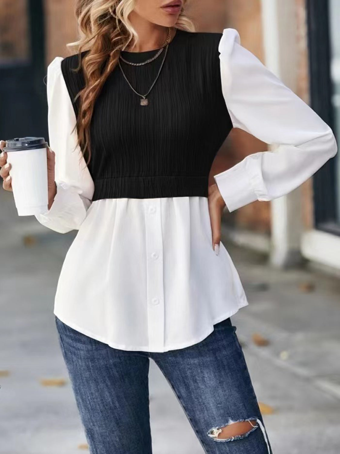 Contrast Round Neck Puff Sleeve Blouse - Pahabu - Women's Clothing & Shop