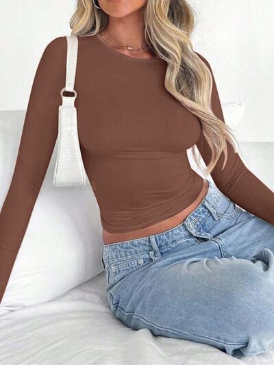 Solid Color Round Neck Long Sleeve T-Shirt - Pahabu - Women's Clothing & Shop