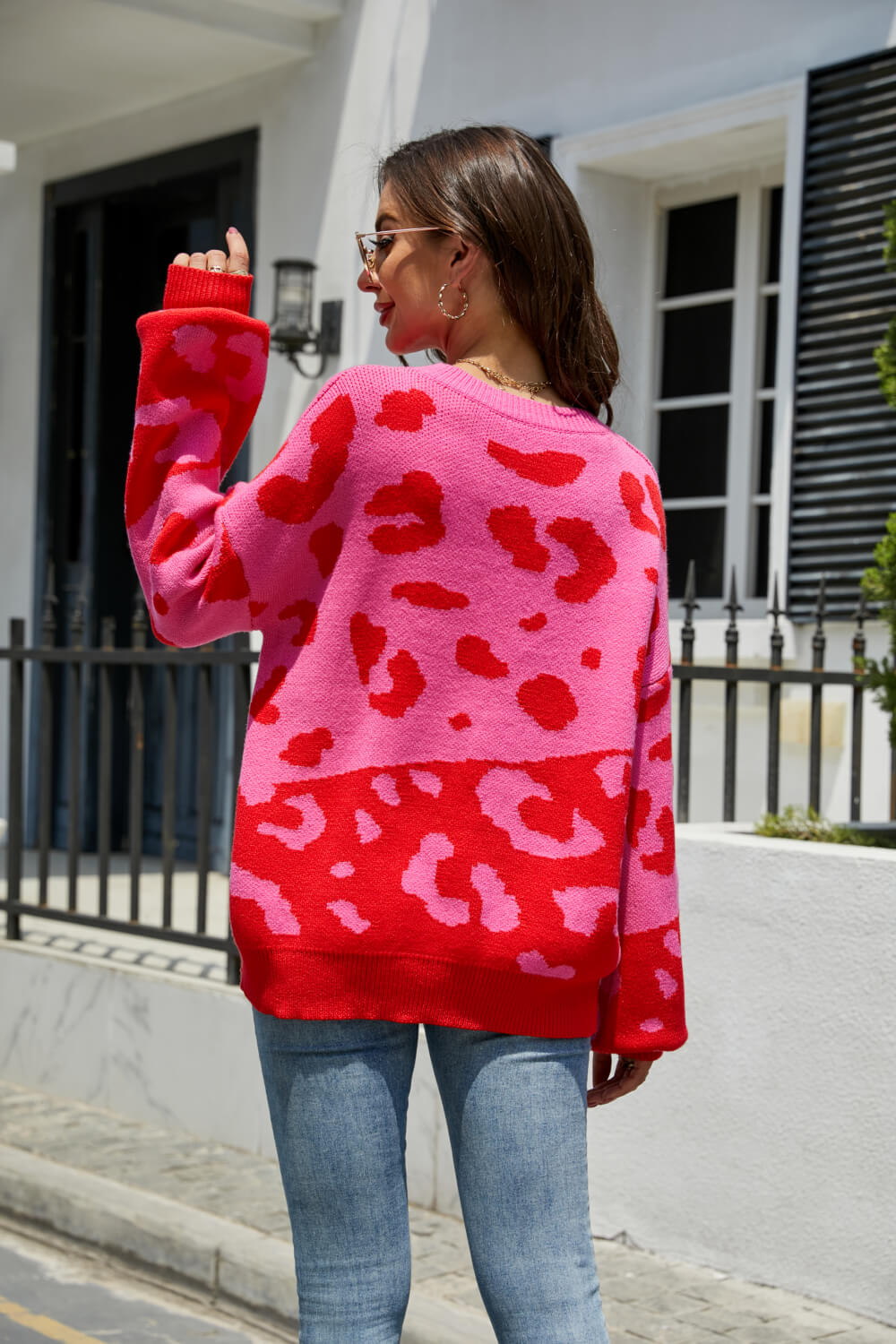 Woven Right Leopard Ribbed Trim Dropped Shoulder Sweater - Pahabu - Women's Clothing & Shop