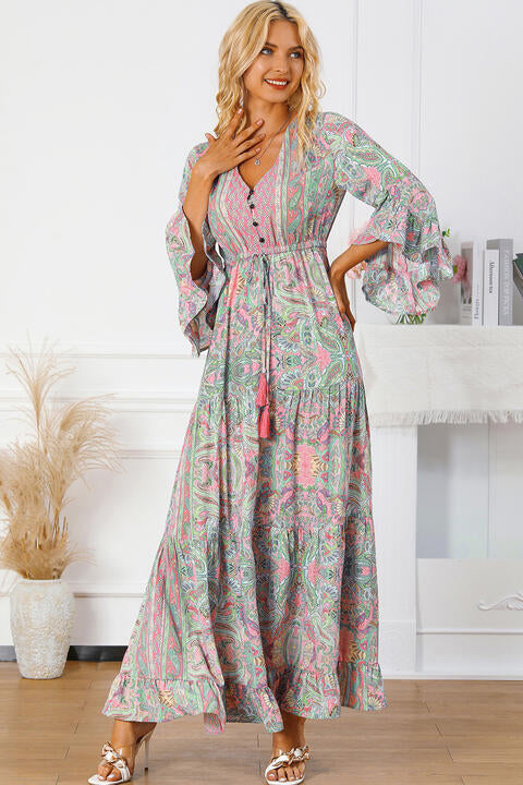 Printed Tassel Tie V-Neck Tiered Dress - Pahabu - Women's Clothing & Shop