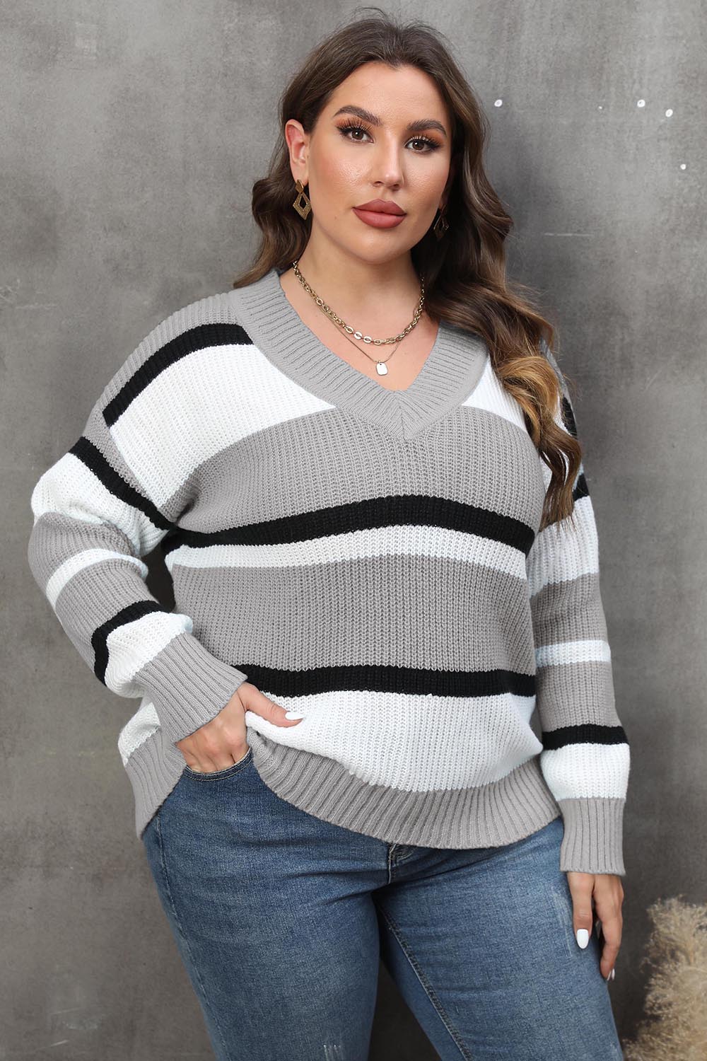 Plus Size Striped V-Neck Dropped Shoulder Sweater - Pahabu - Women's Clothing & Shop