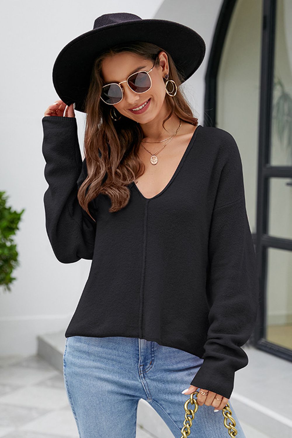V-Neck Center Seam Sweater - Pahabu - Women's Clothing & Shop